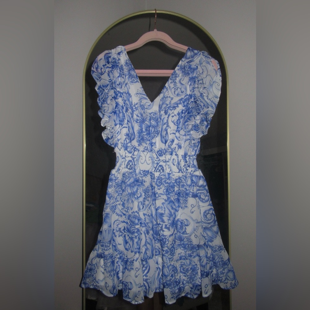 Macy's Blue and White Floral Ruffle Dress